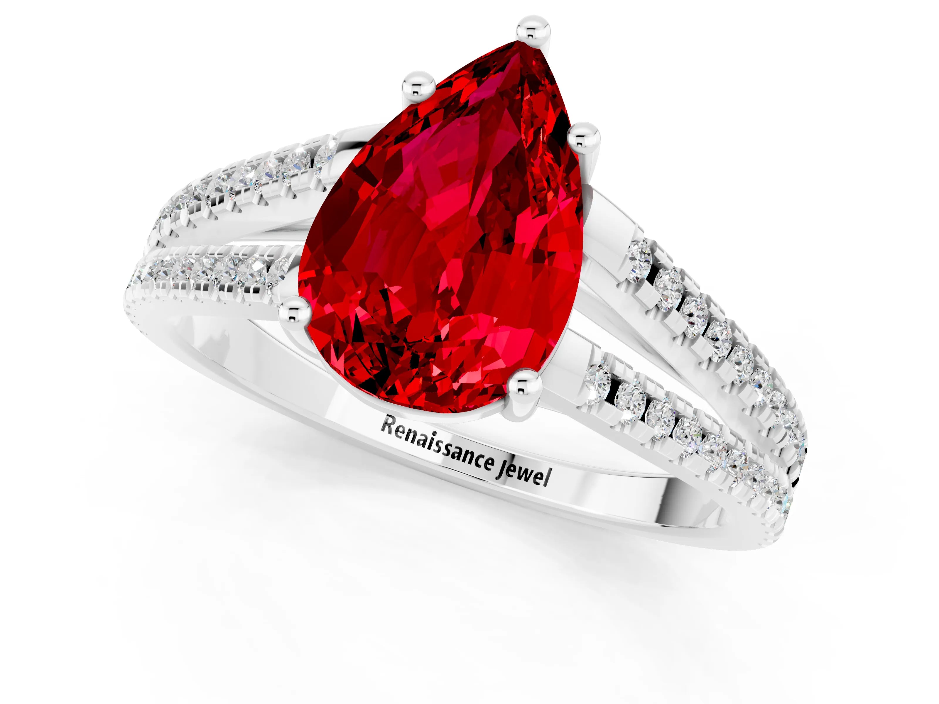 White gold Pear Cut Ruby Solitaire Engagement Ring with Split Shank Pavé Band_1