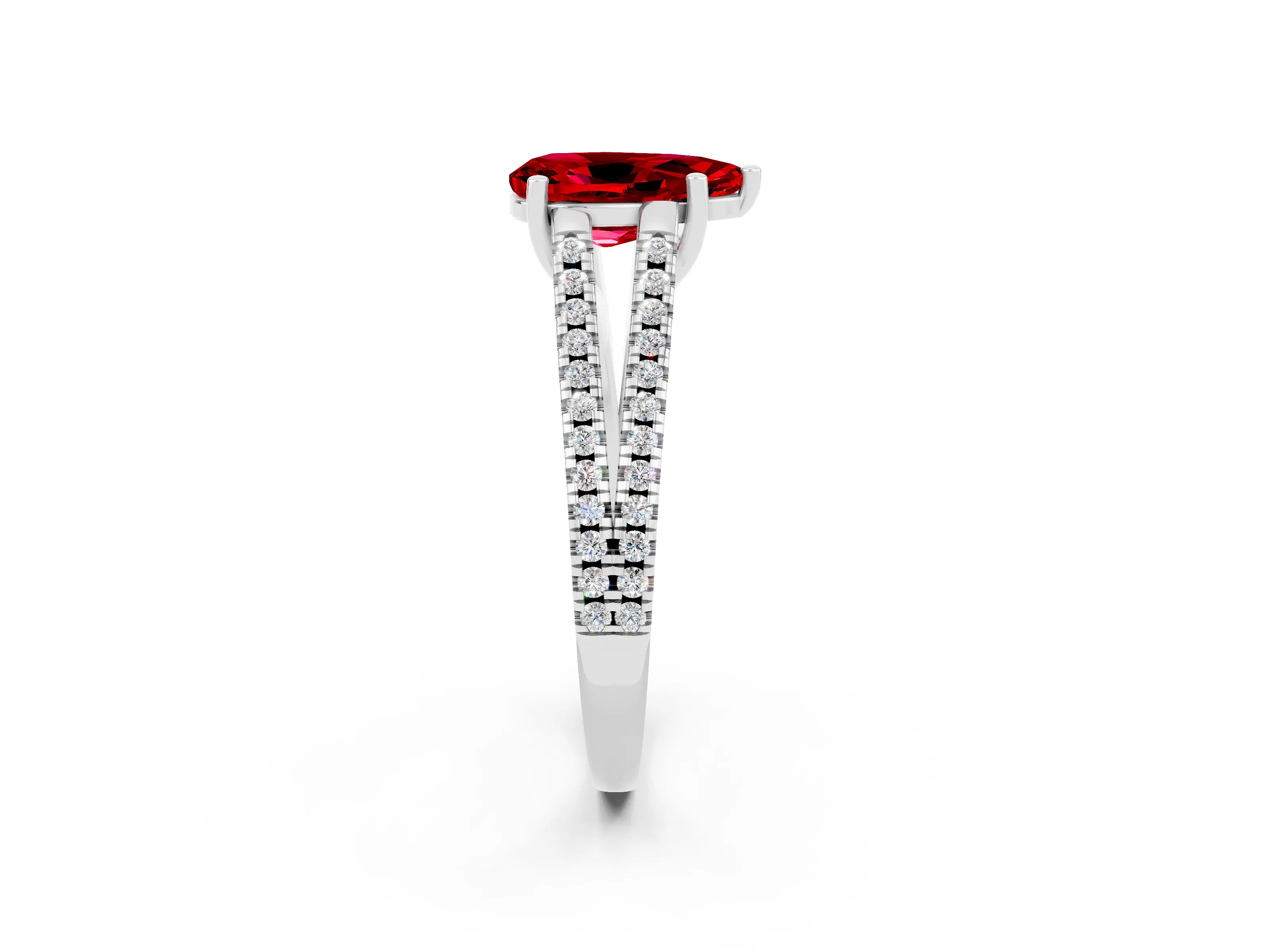 White gold Pear Cut Ruby Solitaire Engagement Ring with Split Shank Pavé Band_2