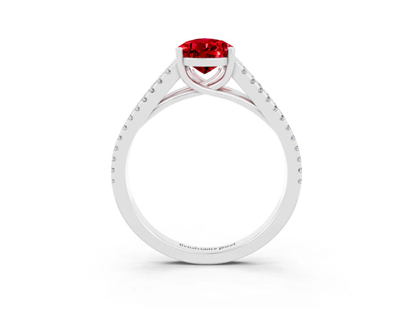 White gold Pear Cut Ruby Solitaire Engagement Ring with Split Shank Pavé Band