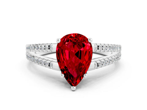 White gold Pear Cut Ruby Solitaire Engagement Ring with Split Shank Pavé Band