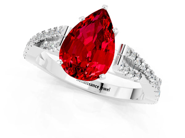 Platinum Pear Cut Ruby Solitaire Engagement Ring with Twisted Pavé Band and Four-Prong Setting