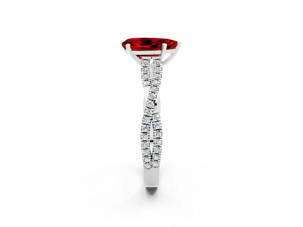 Silver Pear Cut Ruby Solitaire Engagement Ring with Twisted Pavé Band and Four-Prong Setting