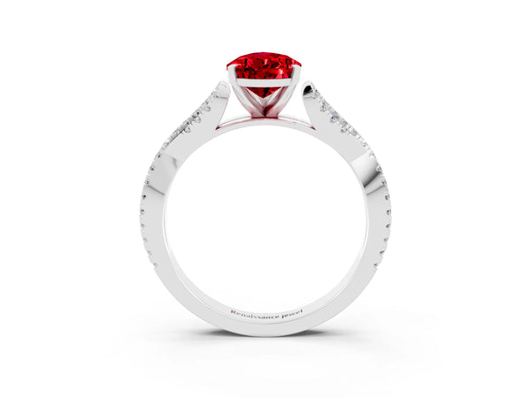 Platinum Pear Cut Ruby Solitaire Engagement Ring with Twisted Pavé Band and Four-Prong Setting