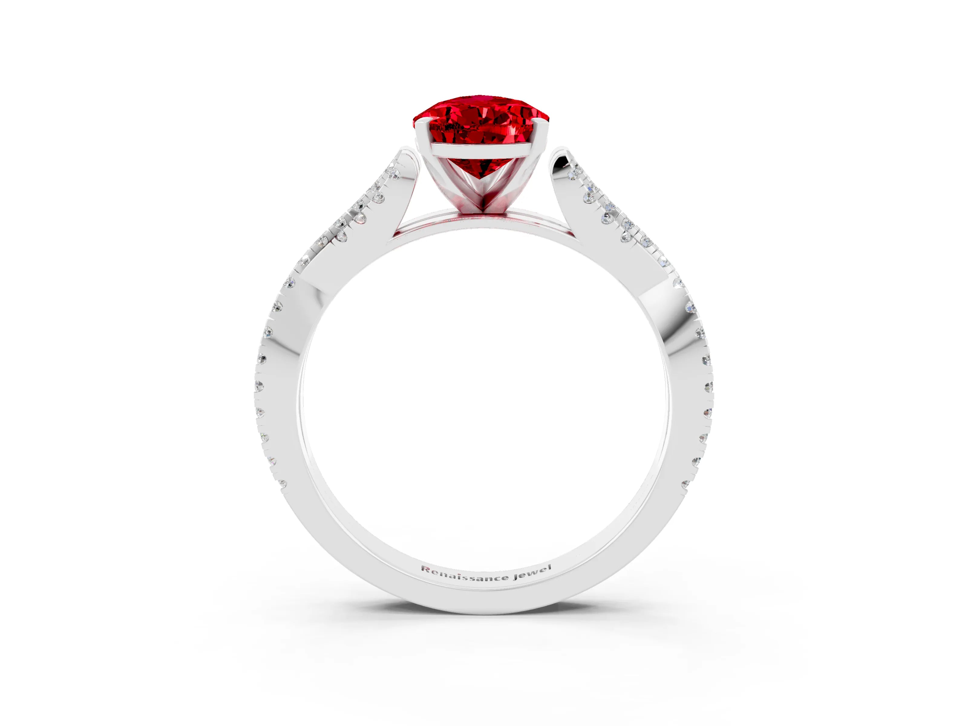 White gold Pear Cut Ruby Solitaire Engagement Ring with Twisted Pavé Band and Four-Prong Setting_3