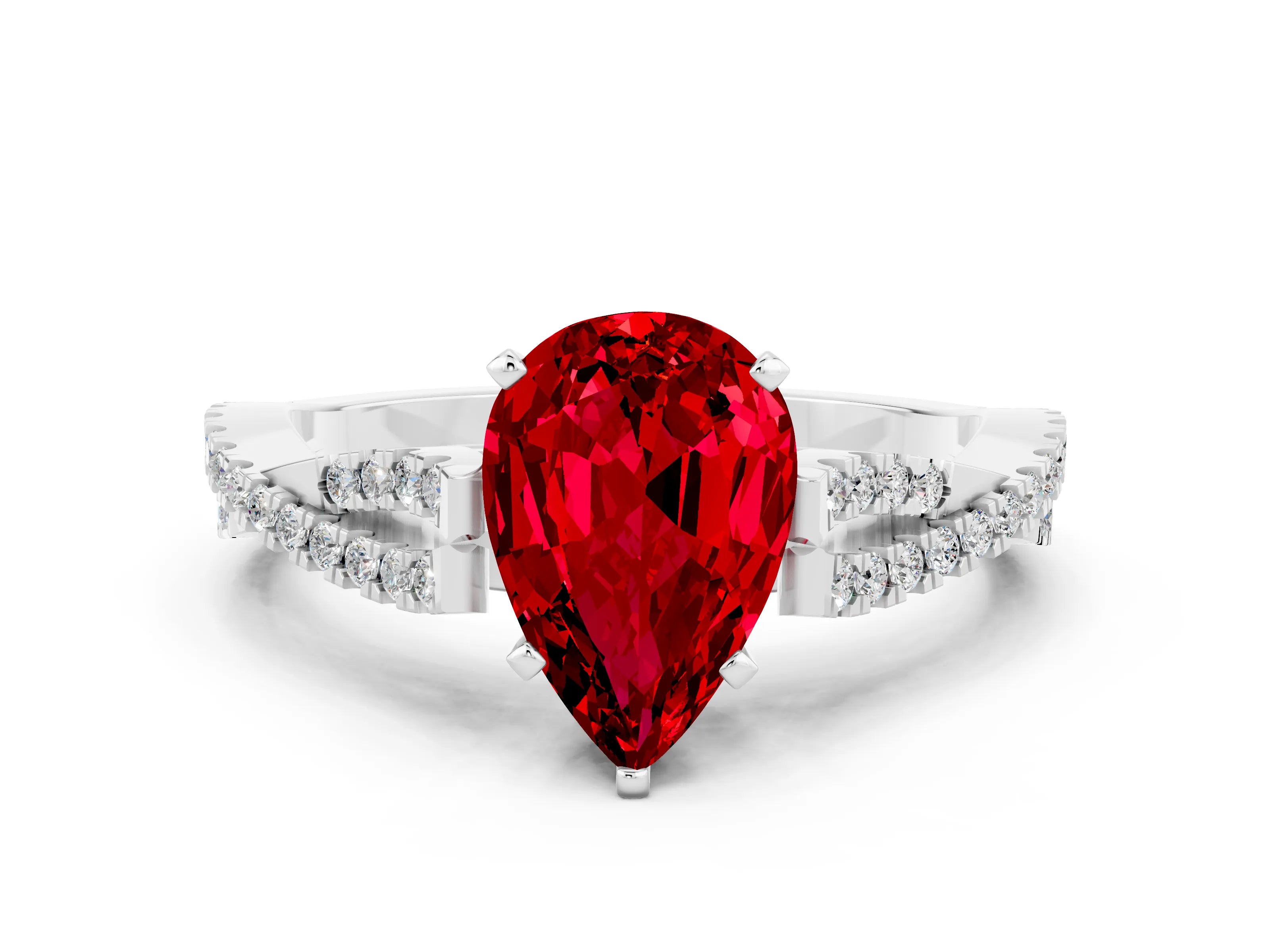 White gold Pear Cut Ruby Solitaire Engagement Ring with Twisted Pavé Band and Four-Prong Setting
