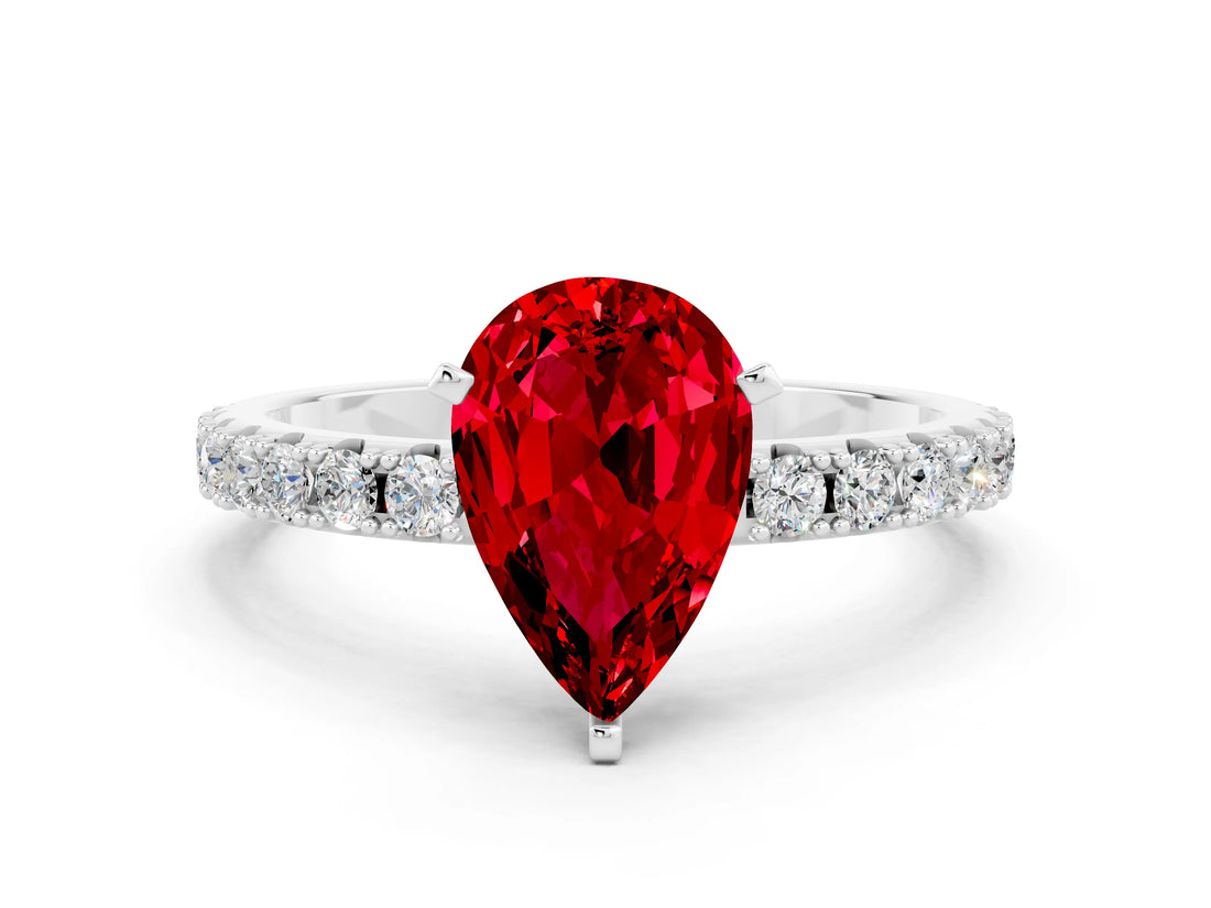 White gold Pear Cut Ruby Solitaire Pavé Band with Four-Prong Setting