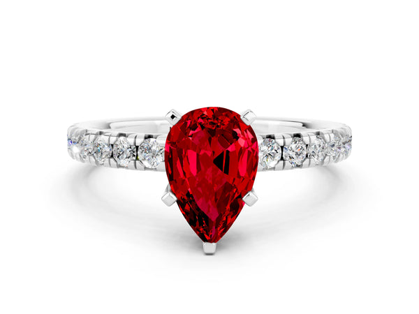 Platinum Pear Cut Ruby Solitaire Pavé Engagement Ring with Round Band and Prong Setting
