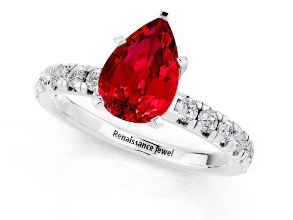 Platinum Pear Cut Ruby Solitaire Pavé Engagement Ring with Round Band and Prong Setting