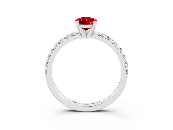 Platinum Pear Cut Ruby Solitaire Pavé Engagement Ring with Round Band and Prong Setting