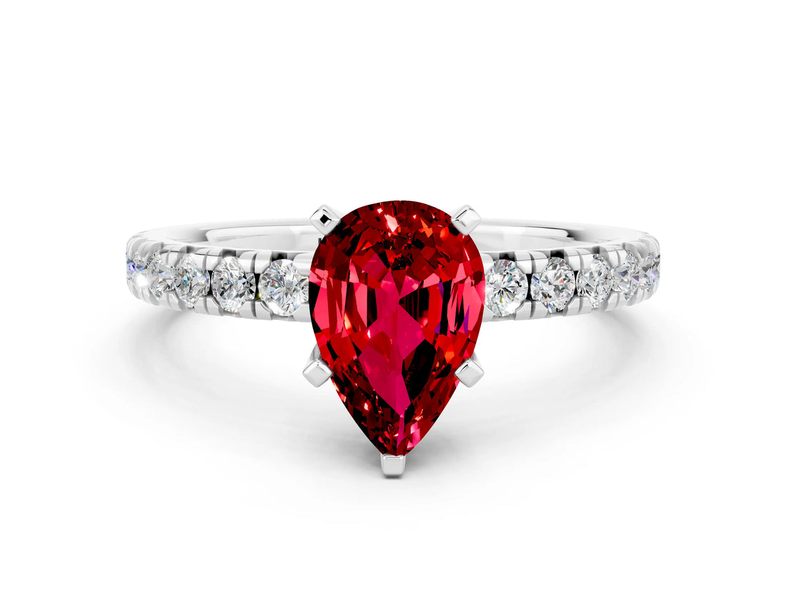 White gold Pear Cut Ruby Solitaire Pavé Engagement Ring with Round Band and Prong Setting_72
