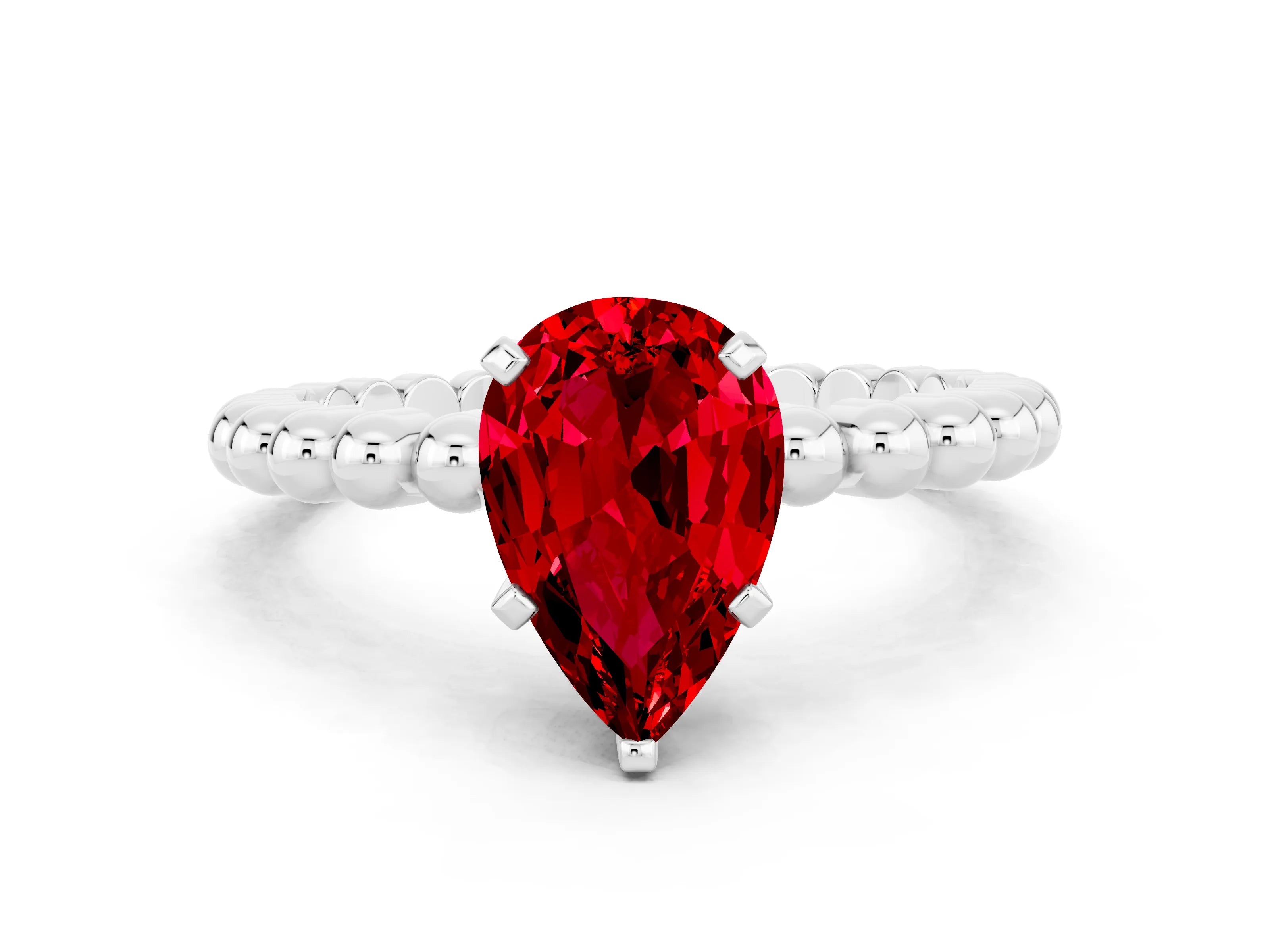 White gold Pear Cut Ruby Solitaire Ring with Beaded Band and Prong Setting