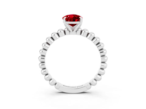 White gold Pear Cut Ruby Solitaire Ring with Beaded Band and Prong Setting_15