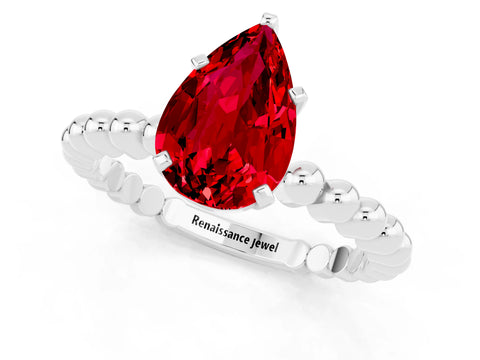 White gold Pear Cut Ruby Solitaire Ring with Beaded Band and Prong Setting_1