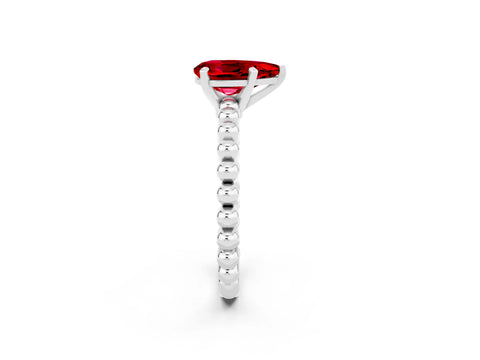 White gold Pear Cut Ruby Solitaire Ring with Beaded Band and Prong Setting_2
