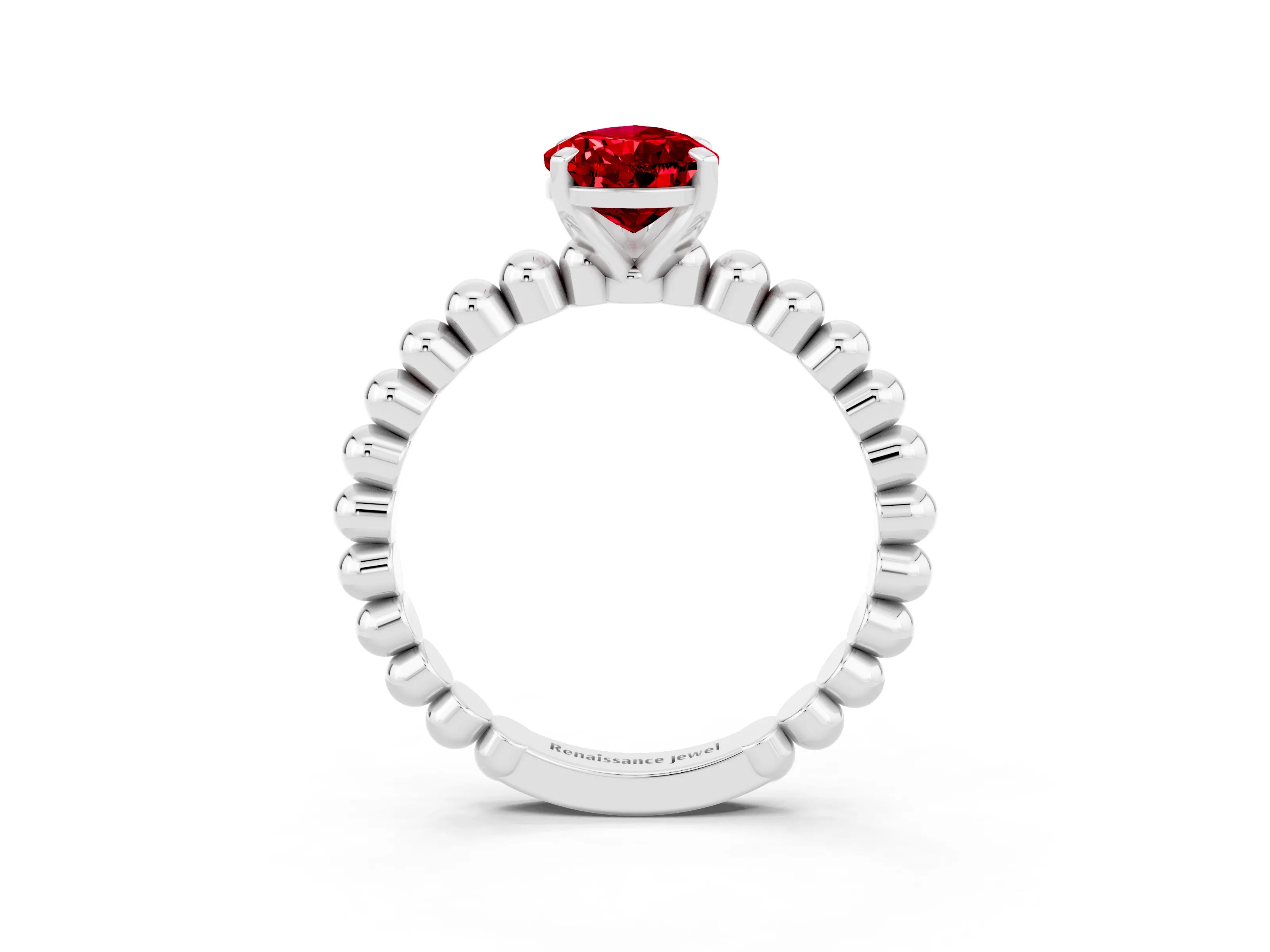 White gold Pear Cut Ruby Solitaire Ring with Beaded Band and Prong Setting_3