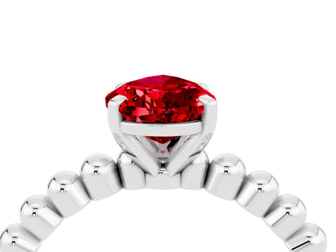 White gold Pear Cut Ruby Solitaire Ring with Beaded Band and Prong Setting_4