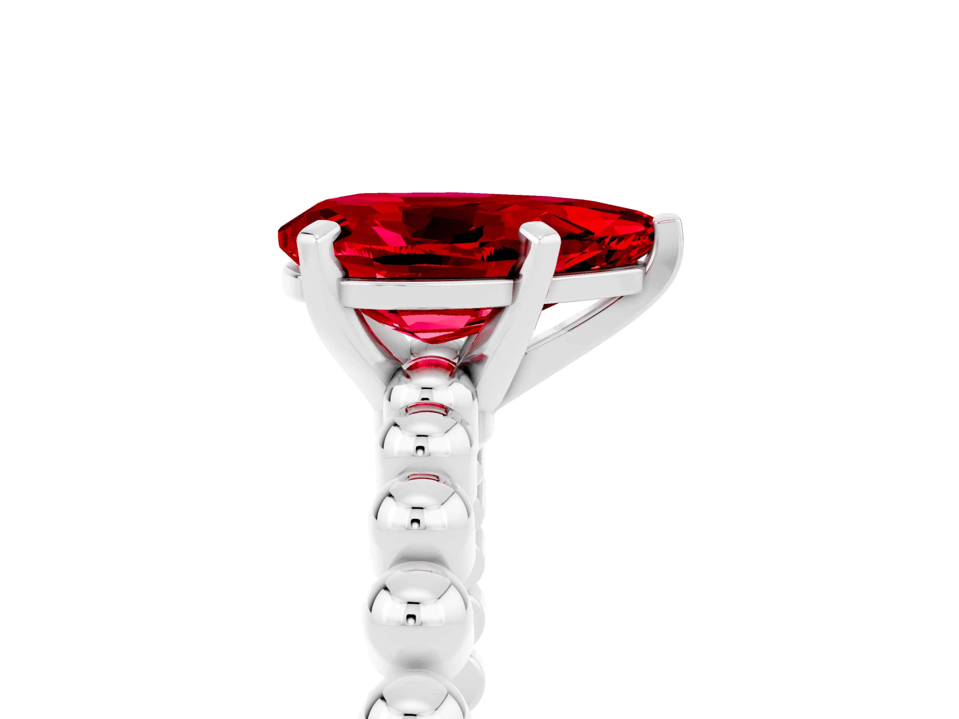 White gold Pear Cut Ruby Solitaire Ring with Beaded Band and Prong Setting_5