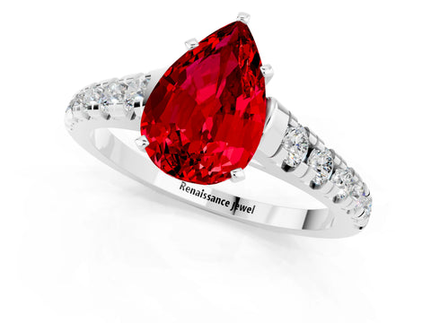 White gold Pear Cut Ruby Solitaire Ring with Cathedral Setting and Pavé Band_1