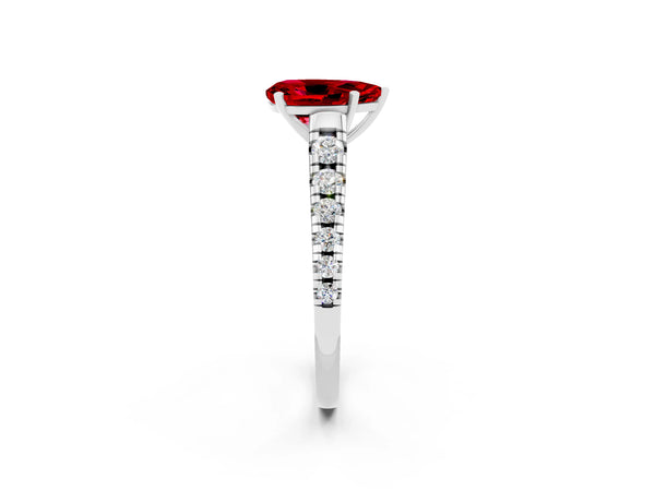 Silver Pear Cut Ruby Cathedral Solitaire Ring with Round  Pavé Band
