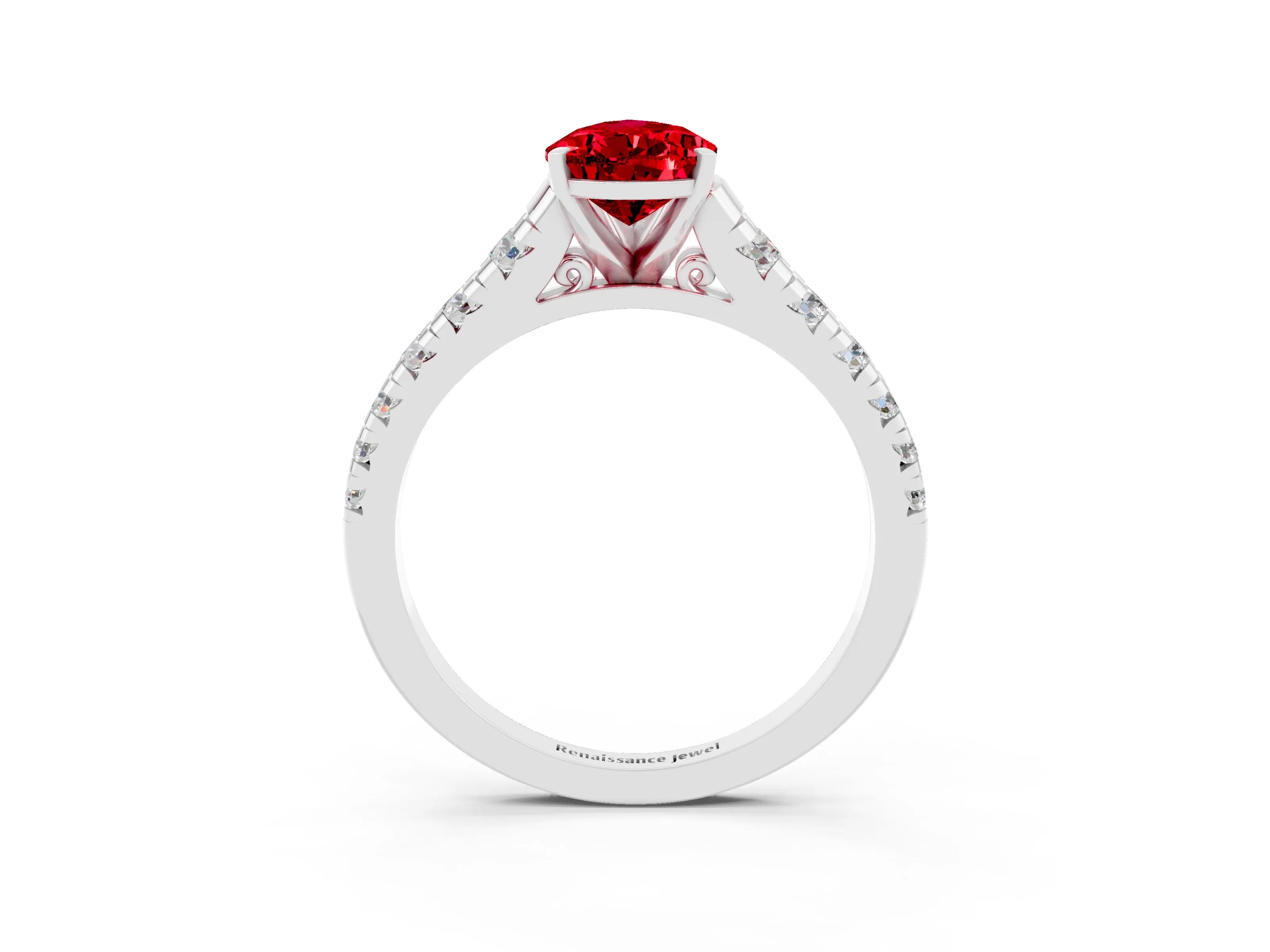 White gold Pear Cut Ruby Solitaire Ring with Cathedral Setting and Pavé Band_3