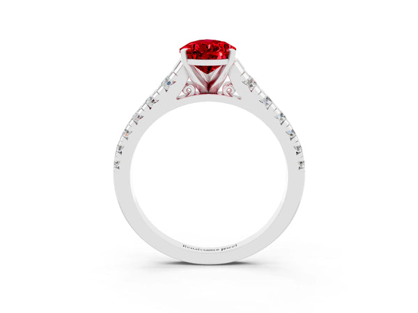 Platinum Pear Cut Ruby Cathedral Solitaire Ring with Round  Pavé Band