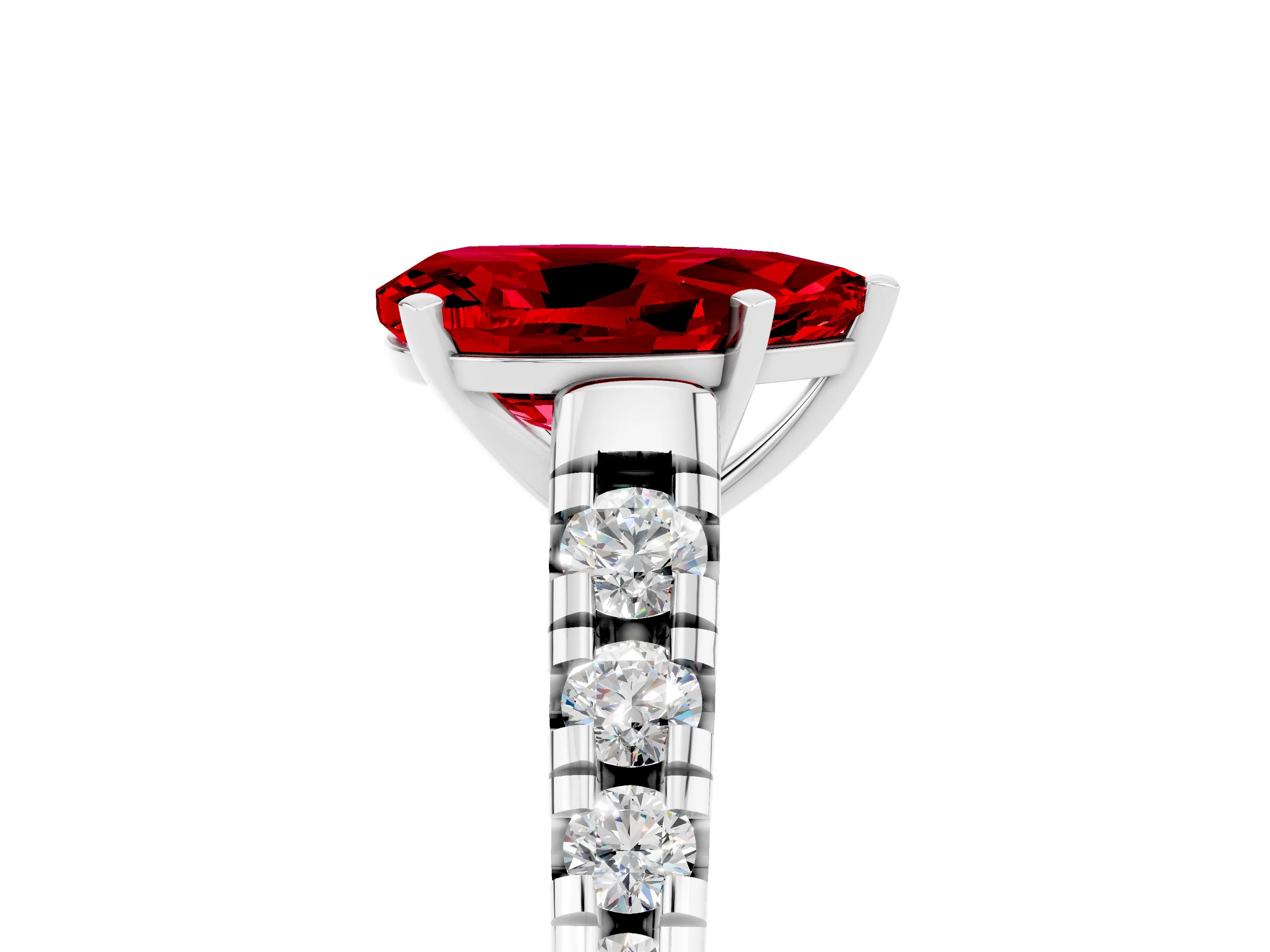 White gold Pear Cut Ruby Solitaire Ring with Cathedral Setting and Pavé Band_5