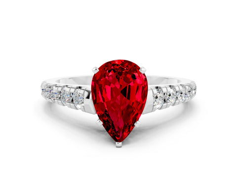 White gold Pear Cut Ruby Solitaire Ring with Cathedral Setting and Pavé Band