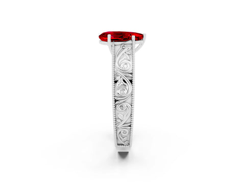 White gold Pear Cut Ruby Solitaire Ring with Engraved Band and Four-Prong Setting_2