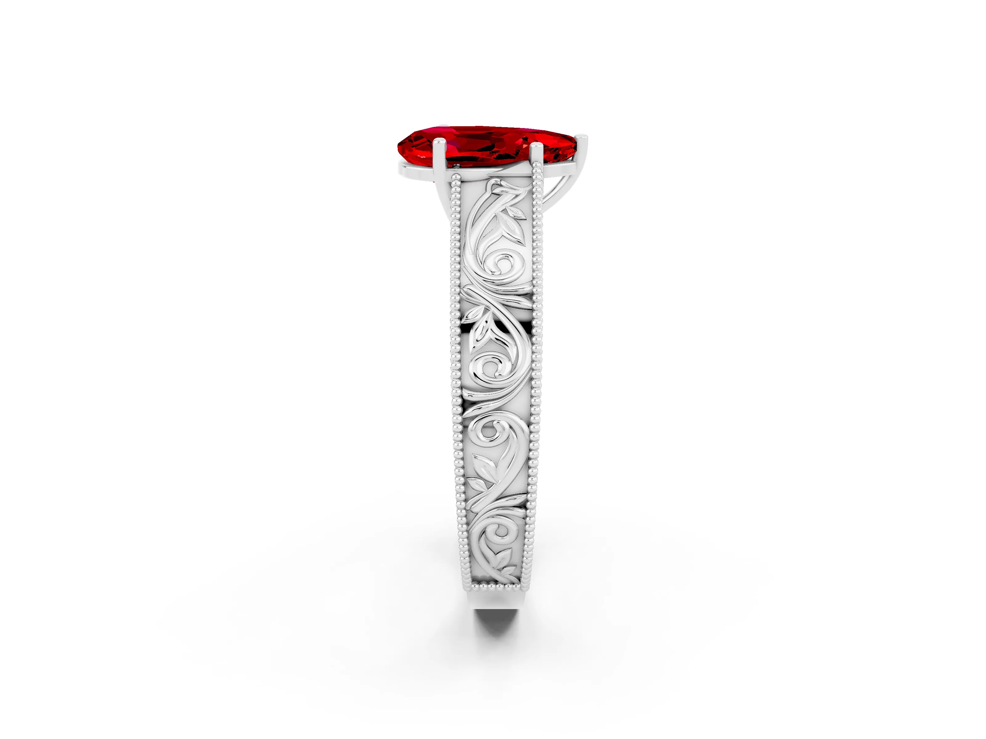 White gold Pear Cut Ruby Solitaire Ring with Engraved Band and Four-Prong Setting_2