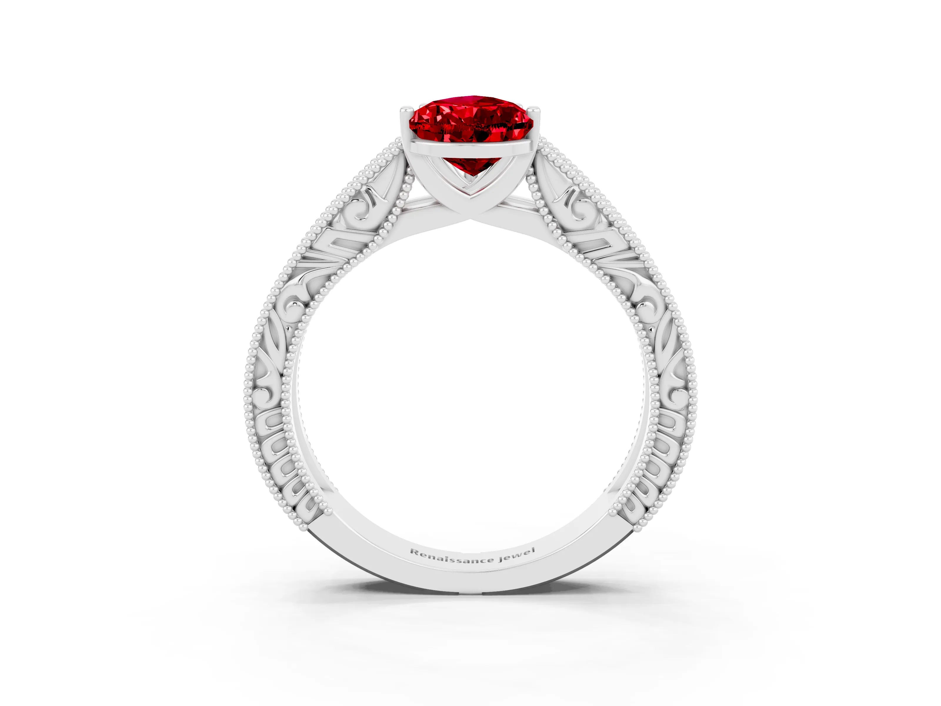 White gold Pear Cut Ruby Solitaire Ring with Engraved Band and Four-Prong Setting_3