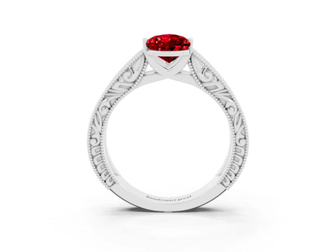 White gold Pear Cut Ruby Solitaire Ring with Engraved Band and Four-Prong Setting_3