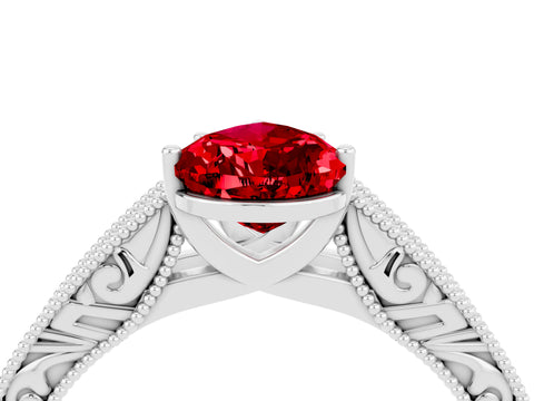 White gold Pear Cut Ruby Solitaire Ring with Engraved Band and Four-Prong Setting_4