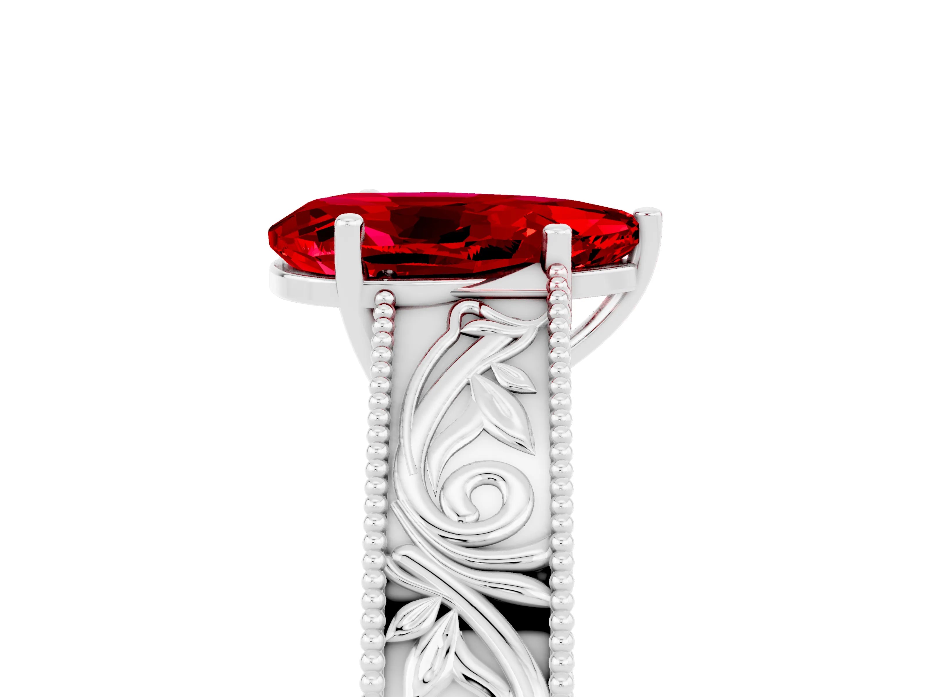 White gold Pear Cut Ruby Solitaire Ring with Engraved Band and Four-Prong Setting_5