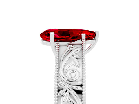 White gold Pear Cut Ruby Solitaire Ring with Engraved Band and Four-Prong Setting_5