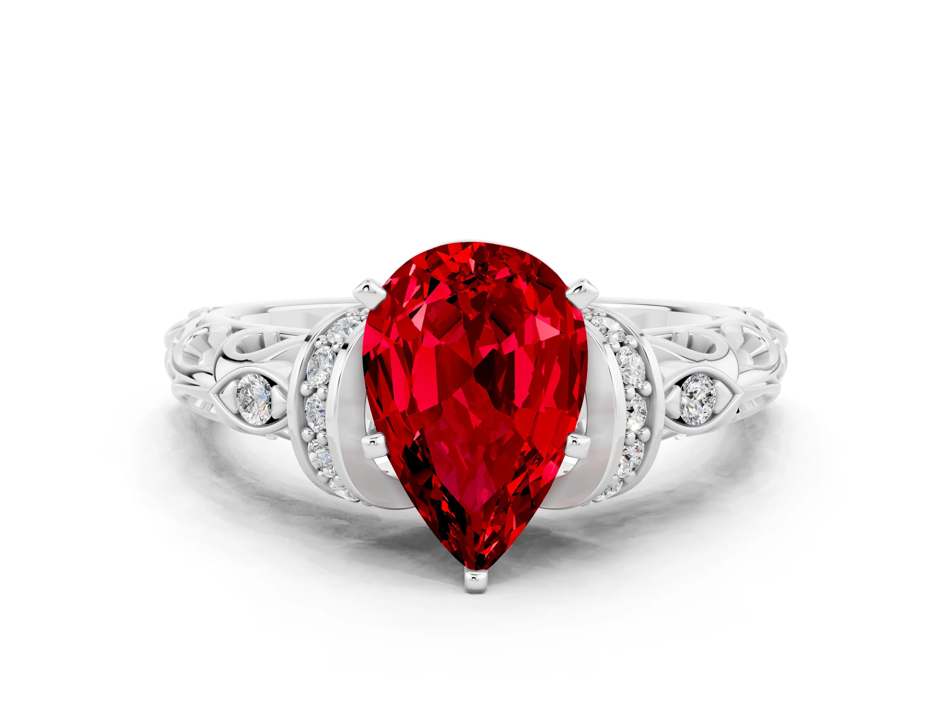 White gold Pear Cut Ruby Solitaire Ring with Filigree Band and Four-Prong Setting_66
