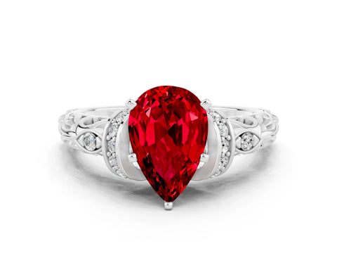 White gold Pear Cut Ruby Solitaire Ring with Filigree Band and Four-Prong Setting_66