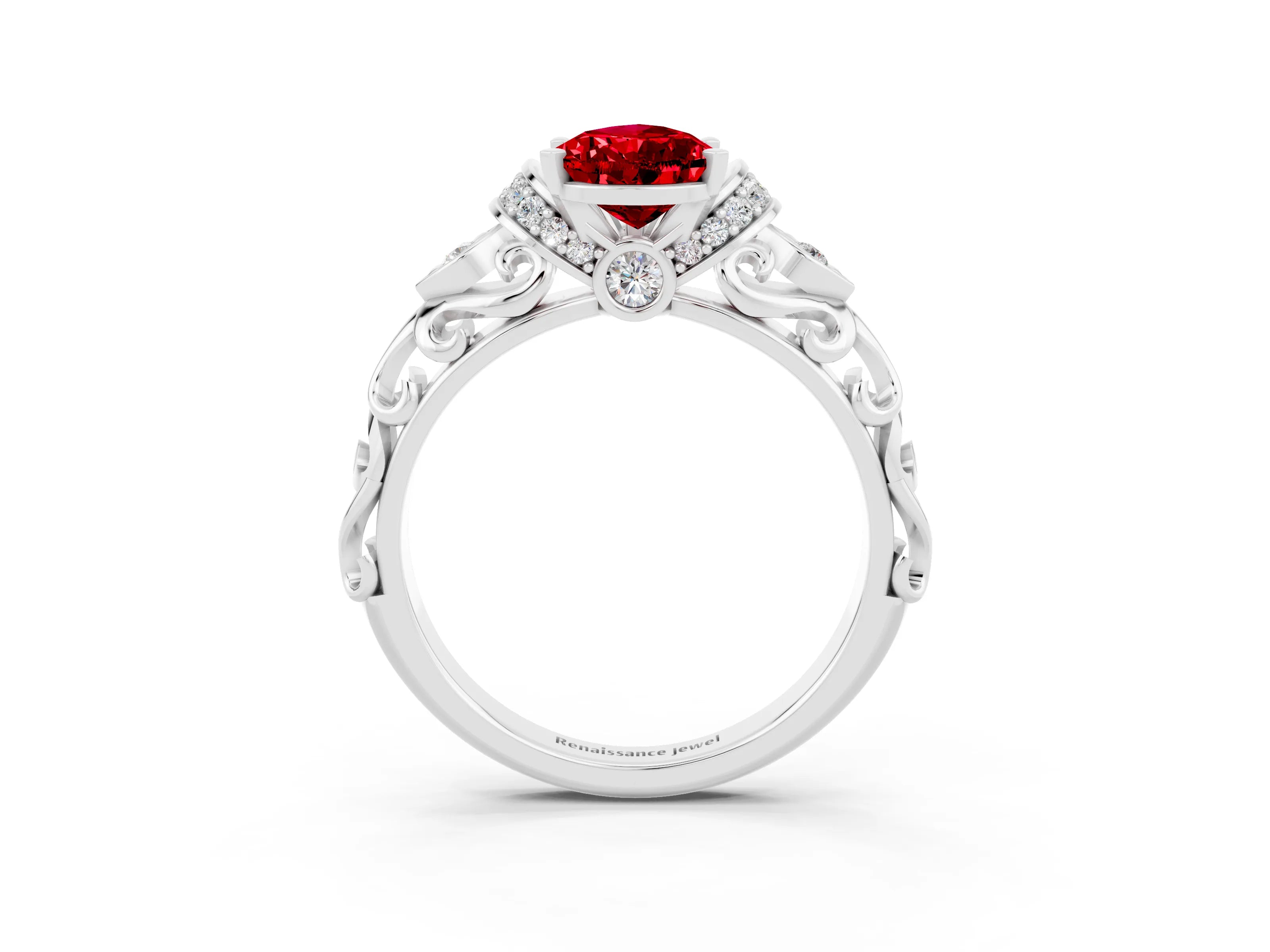 White gold Pear Cut Ruby Solitaire Ring with Filigree Band and Four-Prong Setting_67