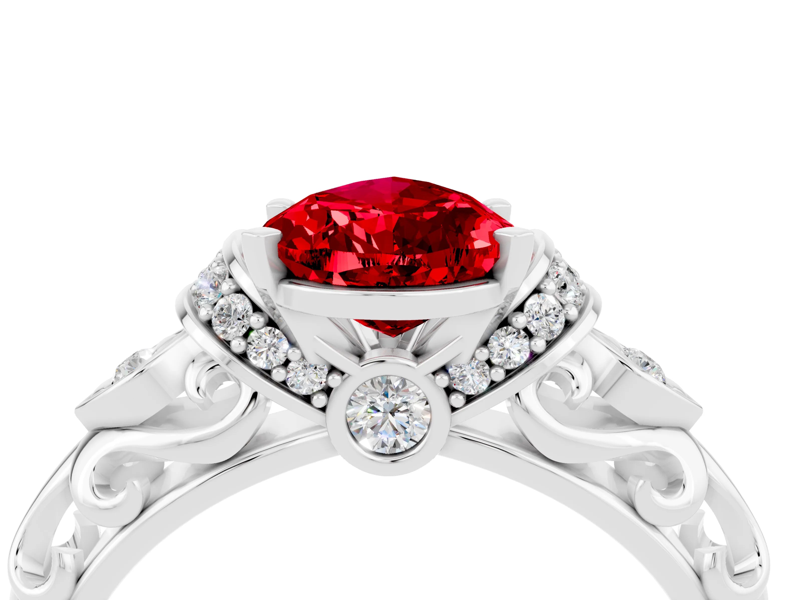 White gold Pear Cut Ruby Solitaire Ring with Filigree Band and Four-Prong Setting_68
