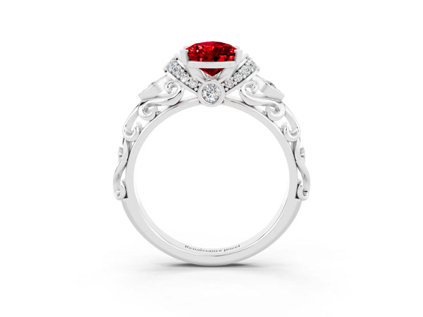 Silver Pear Cut Ruby Solitaire Ring with Filigree Band and Four-Prong Setting