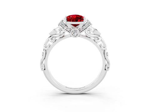 White gold Pear Cut Ruby Solitaire Ring with Filigree Band and Four-Prong Setting_74