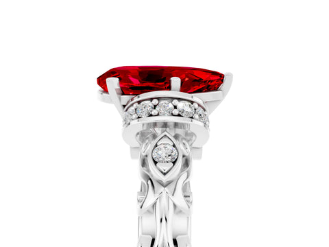 White gold Pear Cut Ruby Solitaire Ring with Filigree Band and Four-Prong Setting_76
