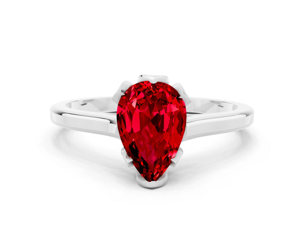 Platinum Pear Cut Ruby Solitaire Ring with Flower Prong Setting and Classic Band