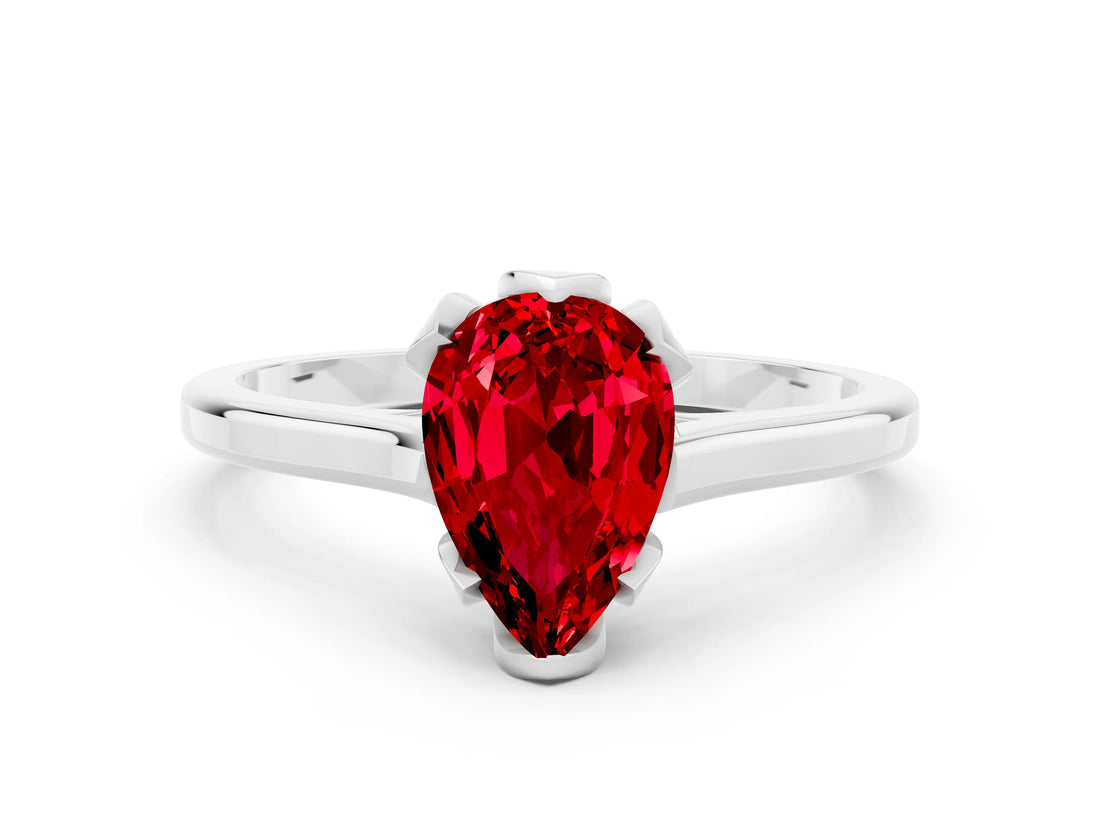 White gold Pear Cut Ruby Solitaire Ring with Flower Prong Setting and Classic Band_13