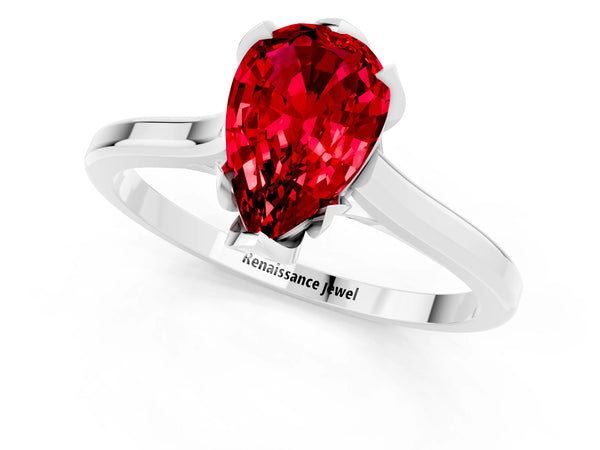 Silver Pear Cut Ruby Solitaire Ring with Flower Prong Setting and Classic Band