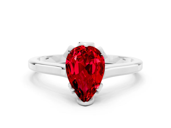 White gold Pear Cut Ruby Solitaire Ring with Flower Prong Setting and Classic Band
