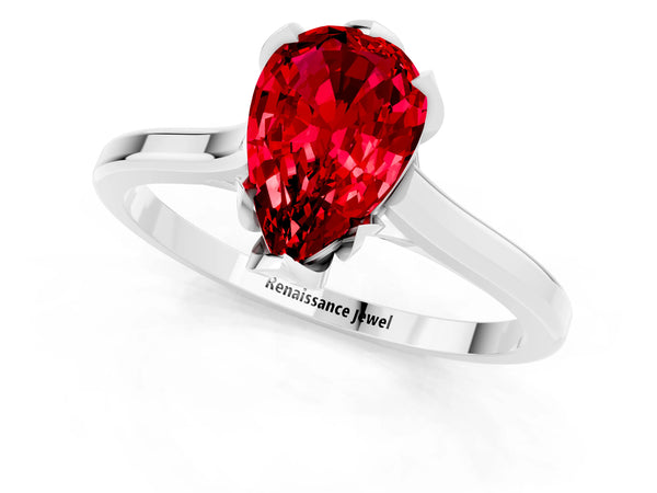 White gold Pear Cut Ruby Solitaire Ring with Flower Prong Setting and Classic Band