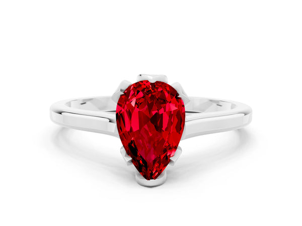 White Gold Pear-Shaped Lab-Grown Ruby Floral Solitaire Engagement Ring with Plain Band