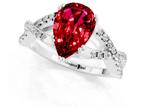 White gold Pear Cut Ruby Solitaire Ring with Four-Prong Setting and Twisted Pavé Band_1