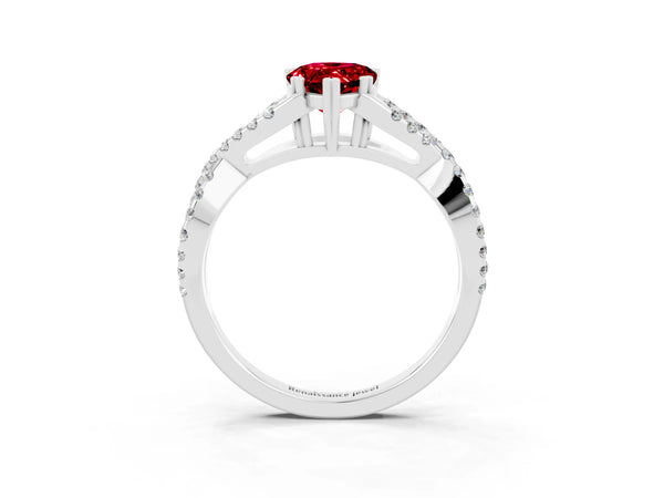 White gold Pear Cut Ruby Solitaire Ring with Four-Prong Setting and Twisted Pavé Band