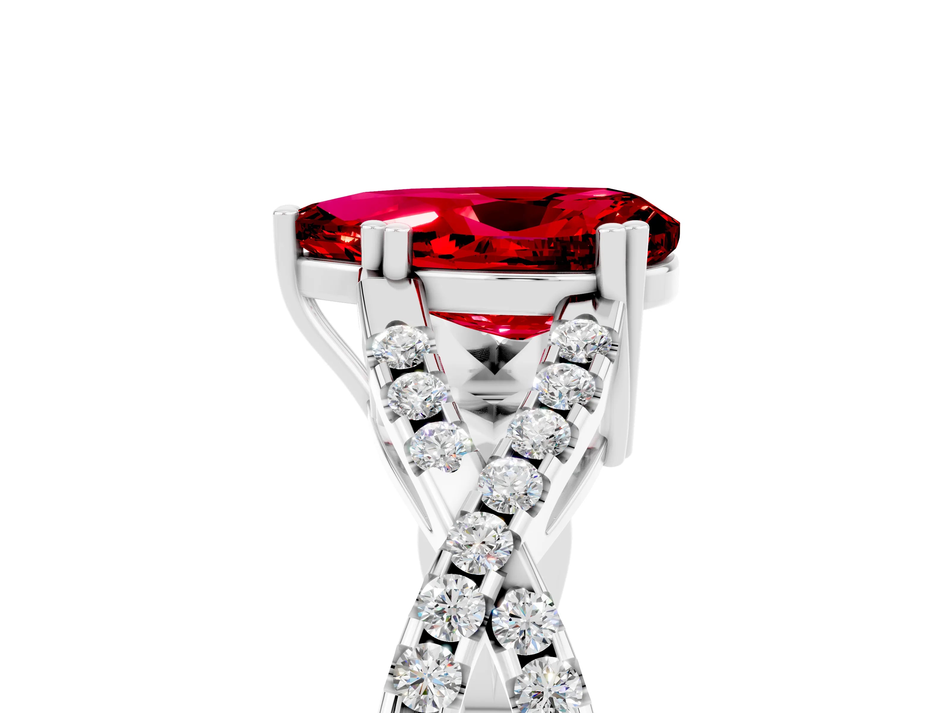 White gold Pear Cut Ruby Solitaire Ring with Four-Prong Setting and Twisted Pavé Band_5